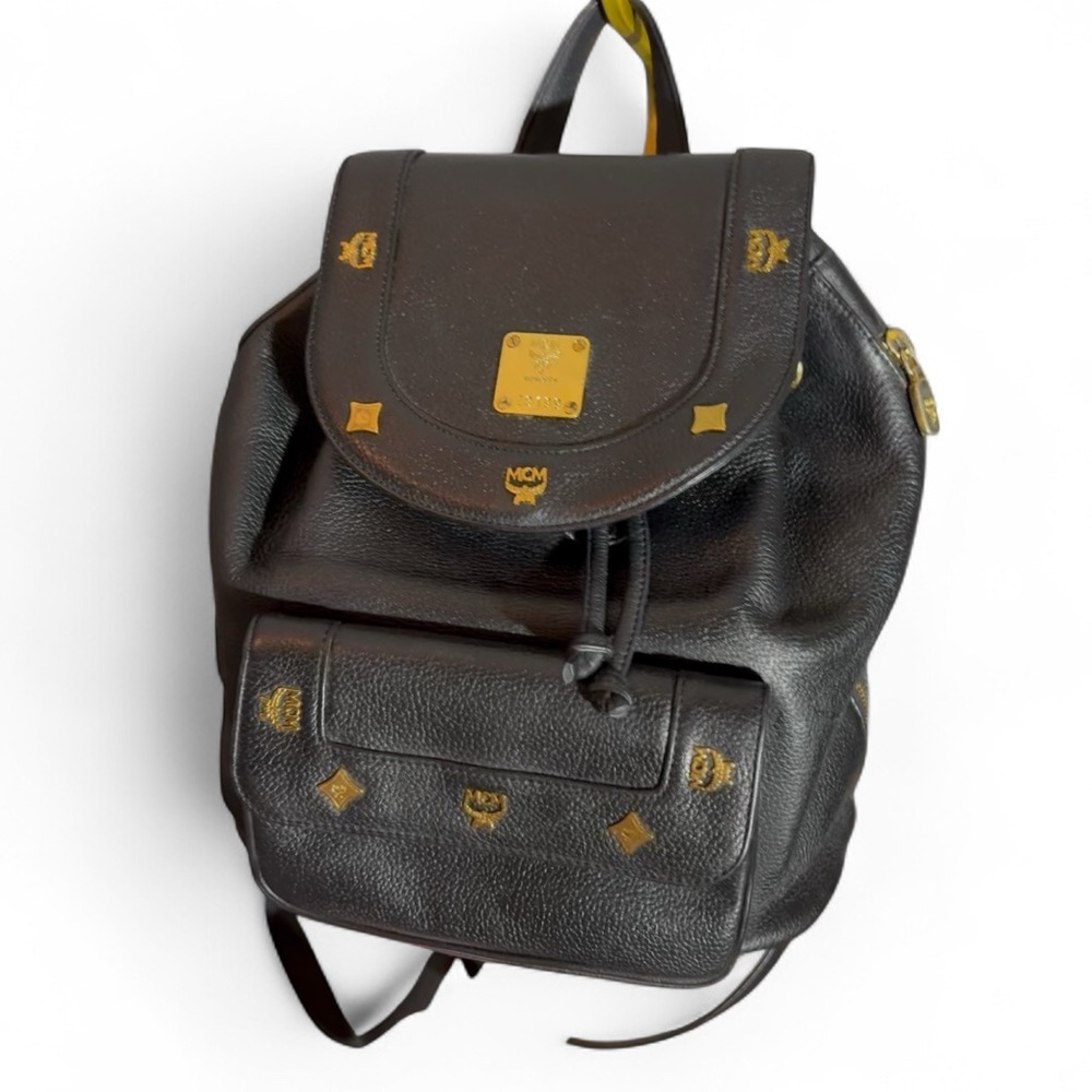 MCM Black Leather Backpack with Gold Embellishments EUC with COA
